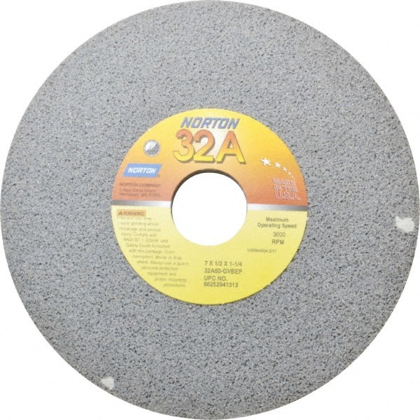 Norton - 7" Diam x 1-1/4" Hole x 1/2" Thick, G Hardness, 60 Grit Surface Grinding Wheel - Aluminum Oxide, Type 1, Medium Grade, 3,600 Max RPM, Vitrified Bond, No Recess - Exact Tooling