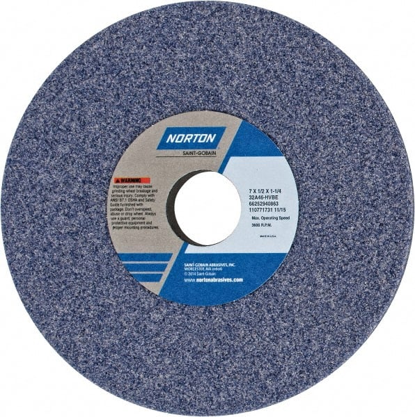 Norton - 7" Diam x 1-1/4" Hole x 1/2" Thick, H Hardness, 46 Grit Surface Grinding Wheel - Aluminum Oxide, Type 1, Coarse Grade, 3,600 Max RPM, Vitrified Bond, No Recess - Exact Tooling