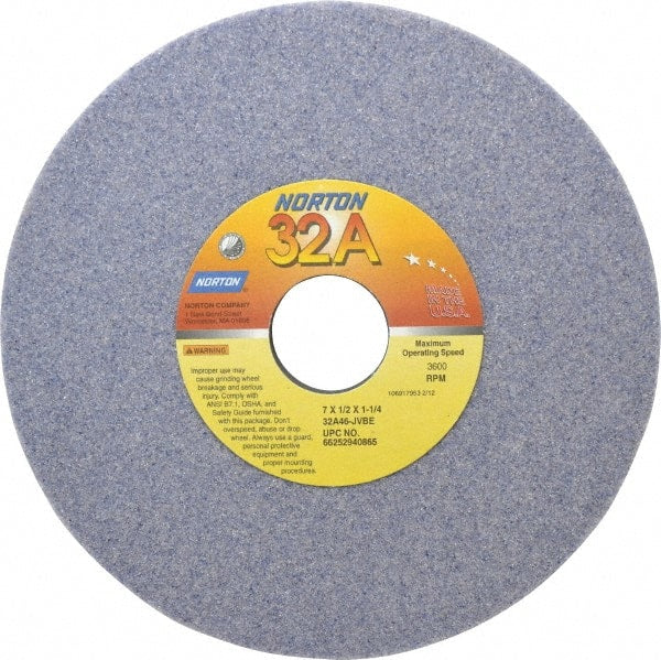 Norton - 7" Diam x 1-1/4" Hole x 1/2" Thick, J Hardness, 46 Grit Surface Grinding Wheel - Aluminum Oxide, Type 1, Coarse Grade, 3,600 Max RPM, Vitrified Bond, No Recess - Exact Tooling