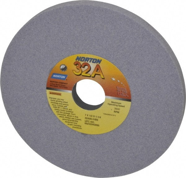 Norton - 7" Diam x 1-1/4" Hole x 1/2" Thick, I Hardness, 80 Grit Surface Grinding Wheel - Aluminum Oxide, Type 1, Medium Grade, 3,600 Max RPM, Vitrified Bond, No Recess - Exact Tooling