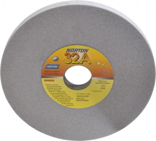 Norton - 7" Diam x 1-1/4" Hole x 1/2" Thick, K Hardness, 80 Grit Surface Grinding Wheel - Aluminum Oxide, Type 1, Medium Grade, 3,600 Max RPM, Vitrified Bond, No Recess - Exact Tooling