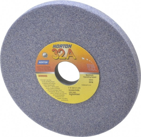 Norton - 7" Diam x 1-1/4" Hole x 1/2" Thick, K Hardness, 46 Grit Surface Grinding Wheel - Aluminum Oxide, Type 1, Coarse Grade, 3,600 Max RPM, Vitrified Bond, No Recess - Exact Tooling