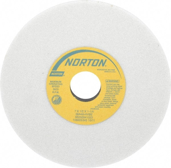 Norton - 7" Diam x 1-1/4" Hole x 1/2" Thick, H Hardness, 46 Grit Surface Grinding Wheel - Aluminum Oxide, Type 1, Coarse Grade, 3,600 Max RPM, Vitrified Bond, No Recess - Exact Tooling