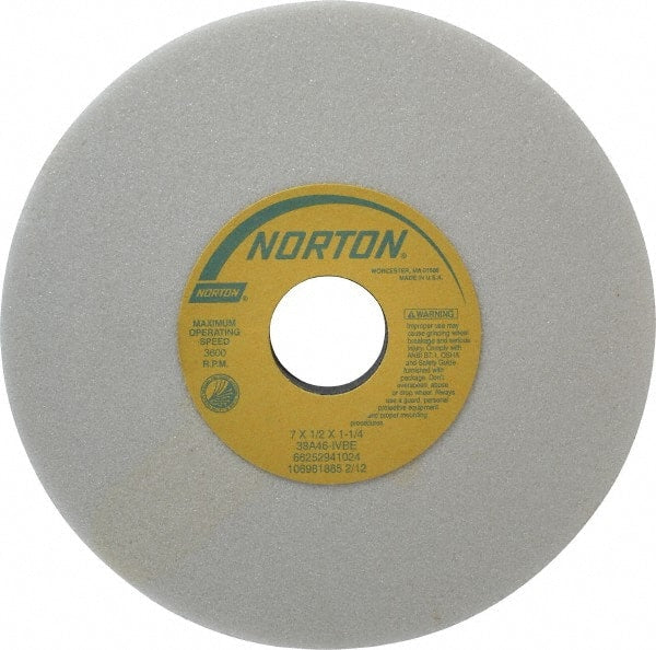 Norton - 7" Diam x 1-1/4" Hole x 1/2" Thick, I Hardness, 46 Grit Surface Grinding Wheel - Aluminum Oxide, Type 1, Coarse Grade, 3,600 Max RPM, Vitrified Bond, No Recess - Exact Tooling