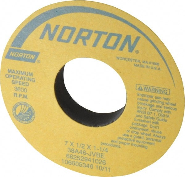 Norton - 7" Diam x 1-1/4" Hole x 1/2" Thick, J Hardness, 46 Grit Surface Grinding Wheel - Aluminum Oxide, Type 1, Coarse Grade, 3,600 Max RPM, Vitrified Bond, No Recess - Exact Tooling