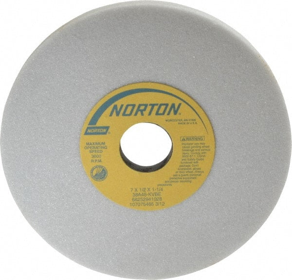 Norton - 7" Diam x 1-1/4" Hole x 1/2" Thick, K Hardness, 46 Grit Surface Grinding Wheel - Aluminum Oxide, Type 1, Coarse Grade, 3,600 Max RPM, Vitrified Bond, No Recess - Exact Tooling