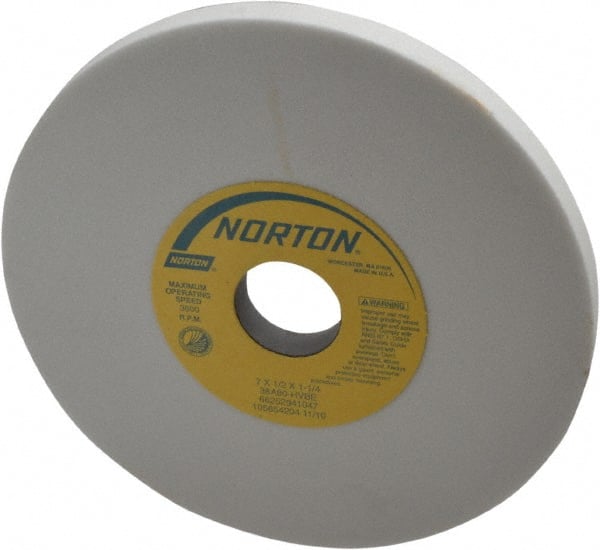 Norton - 7" Diam x 1-1/4" Hole x 1/2" Thick, H Hardness, 80 Grit Surface Grinding Wheel - Aluminum Oxide, Type 1, Medium Grade, 3,600 Max RPM, Vitrified Bond, No Recess - Exact Tooling