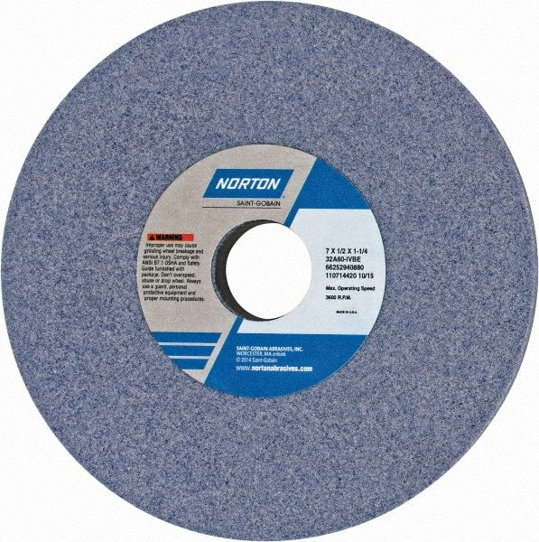 Norton - 7" Diam x 1-1/4" Hole x 1/2" Thick, I Hardness, 60 Grit Surface Grinding Wheel - Aluminum Oxide, Type 1, Medium Grade, 3,600 Max RPM, Vitrified Bond, No Recess - Exact Tooling