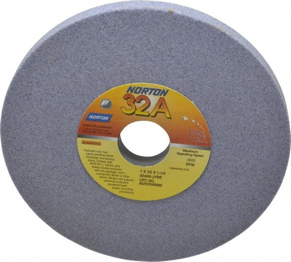 Norton - 7" Diam x 1-1/4" Hole x 1/2" Thick, J Hardness, 60 Grit Surface Grinding Wheel - Aluminum Oxide, Type 1, Medium Grade, 3,600 Max RPM, Vitrified Bond, No Recess - Exact Tooling