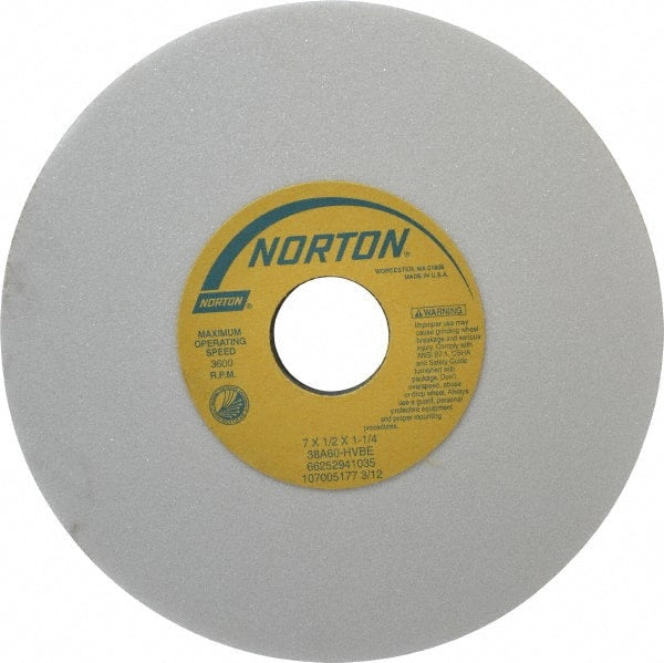 Norton - 7" Diam x 1-1/4" Hole x 1/2" Thick, H Hardness, 60 Grit Surface Grinding Wheel - Aluminum Oxide, Type 1, Medium Grade, 3,600 Max RPM, Vitrified Bond, No Recess - Exact Tooling