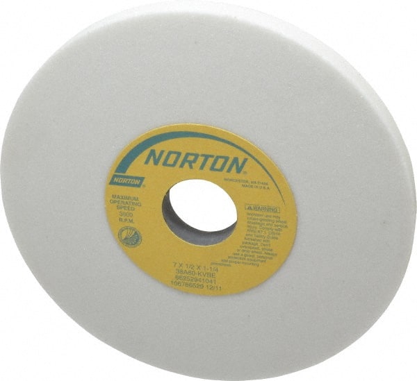 Norton - 7" Diam x 1-1/4" Hole x 1/2" Thick, K Hardness, 60 Grit Surface Grinding Wheel - Aluminum Oxide, Type 1, Medium Grade, 3,600 Max RPM, Vitrified Bond, No Recess - Exact Tooling