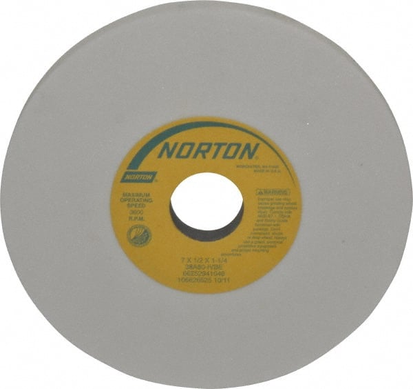 Norton - 7" Diam x 1-1/4" Hole x 1/2" Thick, I Hardness, 80 Grit Surface Grinding Wheel - Aluminum Oxide, Type 1, Medium Grade, 3,600 Max RPM, Vitrified Bond, No Recess - Exact Tooling