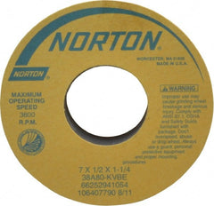 Norton - 7" Diam x 1-1/4" Hole x 1/2" Thick, K Hardness, 80 Grit Surface Grinding Wheel - Aluminum Oxide, Type 1, Medium Grade, 3,600 Max RPM, Vitrified Bond, No Recess - Exact Tooling