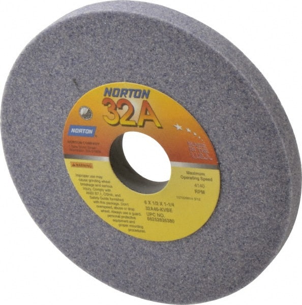 Norton - 6" Diam x 1-1/4" Hole x 1/2" Thick, K Hardness, 46 Grit Surface Grinding Wheel - Aluminum Oxide, Type 1, Coarse Grade, 4,140 Max RPM, Vitrified Bond, No Recess - Exact Tooling
