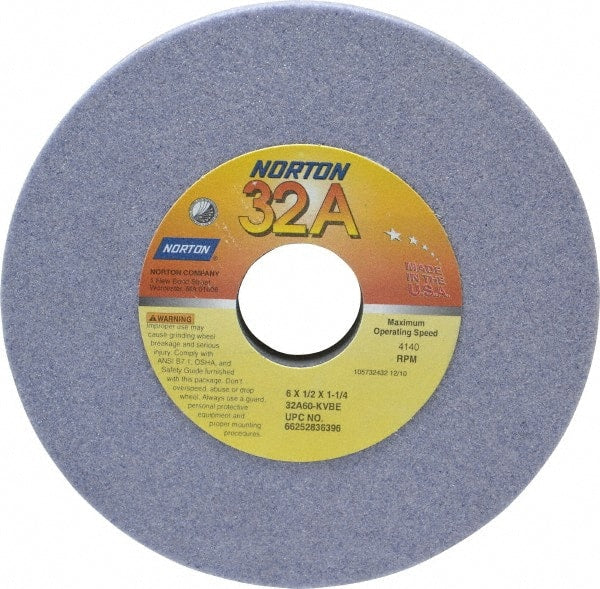 Norton - 6" Diam x 1-1/4" Hole x 1/2" Thick, K Hardness, 60 Grit Surface Grinding Wheel - Aluminum Oxide, Type 1, Medium Grade, 4,140 Max RPM, Vitrified Bond, No Recess - Exact Tooling