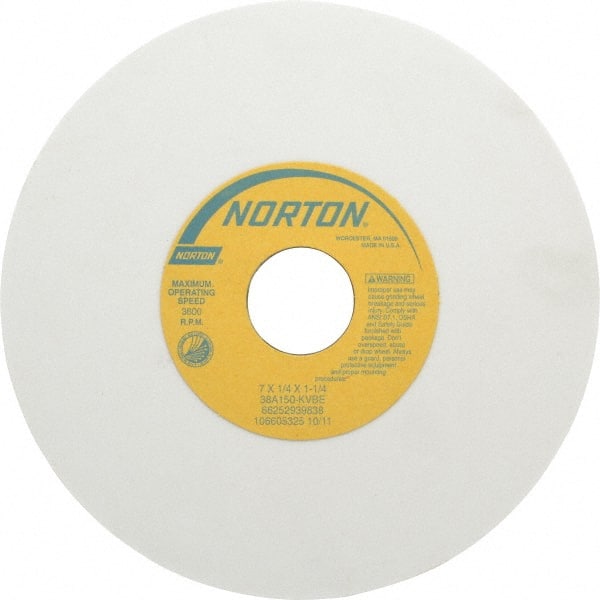 Norton - 7" Diam x 1-1/4" Hole x 1/4" Thick, K Hardness, 150 Grit Surface Grinding Wheel - Aluminum Oxide, Type 1, Very Fine Grade, 3,600 Max RPM, Vitrified Bond, No Recess - Exact Tooling