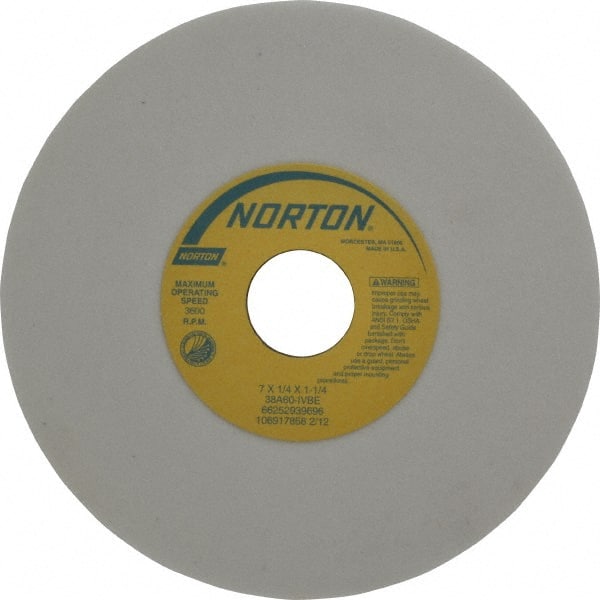 Norton - 7" Diam x 1-1/4" Hole x 1/4" Thick, I Hardness, 60 Grit Surface Grinding Wheel - Aluminum Oxide, Type 1, Medium Grade, 3,600 Max RPM, Vitrified Bond, No Recess - Exact Tooling