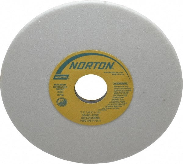 Norton - 7" Diam x 1-1/4" Hole x 1/4" Thick, J Hardness, 60 Grit Surface Grinding Wheel - Aluminum Oxide, Type 1, Medium Grade, 3,600 Max RPM, Vitrified Bond, No Recess - Exact Tooling
