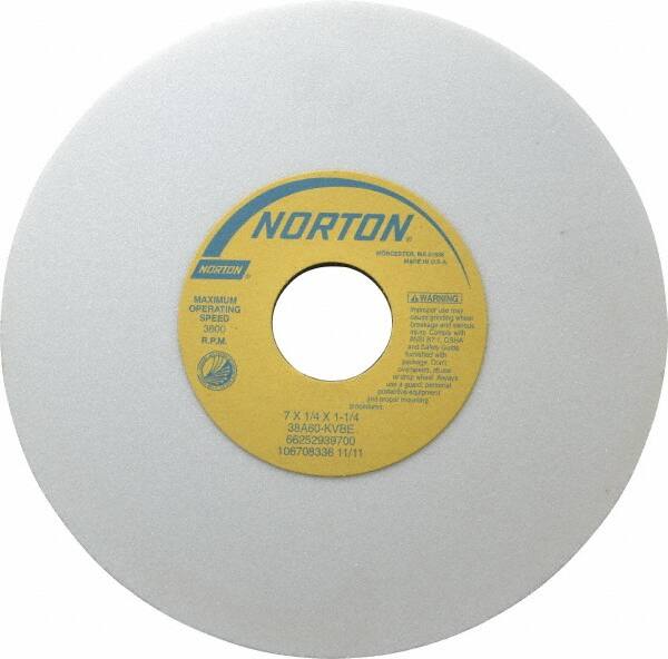 Norton - 7" Diam x 1-1/4" Hole x 1/4" Thick, K Hardness, 60 Grit Surface Grinding Wheel - Aluminum Oxide, Type 1, Medium Grade, 3,600 Max RPM, Vitrified Bond, No Recess - Exact Tooling