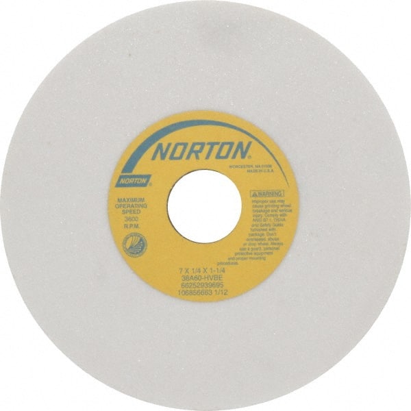 Norton - 7" Diam x 1-1/4" Hole x 1/4" Thick, H Hardness, 60 Grit Surface Grinding Wheel - Aluminum Oxide, Type 1, Medium Grade, 3,600 Max RPM, Vitrified Bond, No Recess - Exact Tooling