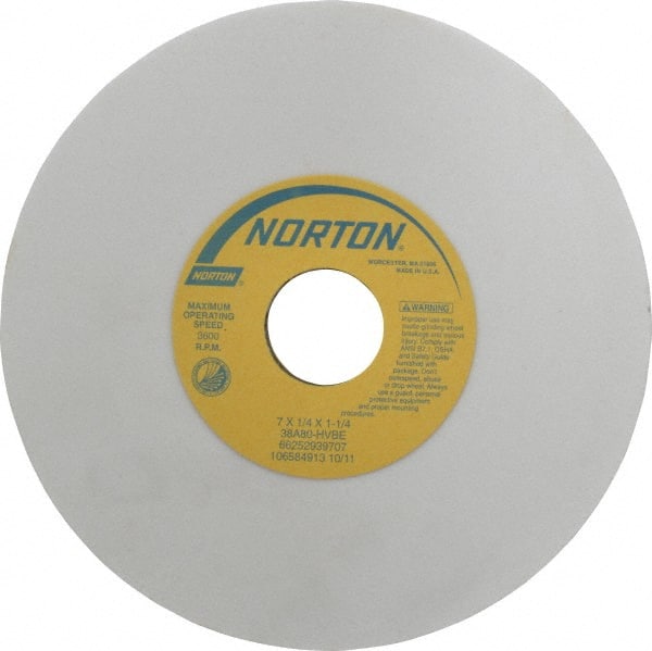 Norton - 7" Diam x 1-1/4" Hole x 1/4" Thick, H Hardness, 80 Grit Surface Grinding Wheel - Aluminum Oxide, Type 1, Medium Grade, 3,600 Max RPM, Vitrified Bond, No Recess - Exact Tooling