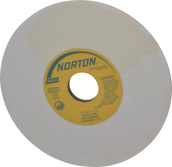 Norton - 7" Diam x 1-1/4" Hole x 1/4" Thick, I Hardness, 80 Grit Surface Grinding Wheel - Aluminum Oxide, Type 1, Medium Grade, 3,600 Max RPM, Vitrified Bond, No Recess - Exact Tooling