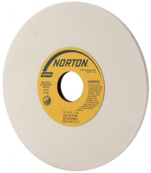 Norton - 7" Diam x 1-1/4" Hole x 1/4" Thick, I Hardness, 100 Grit Surface Grinding Wheel - Aluminum Oxide, Type 1, Fine Grade, 3,600 Max RPM, Vitrified Bond, No Recess - Exact Tooling