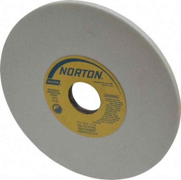Norton - 7" Diam x 1-1/4" Hole x 1/4" Thick, K Hardness, 100 Grit Surface Grinding Wheel - Aluminum Oxide, Type 1, Fine Grade, 3,600 Max RPM, Vitrified Bond, No Recess - Exact Tooling