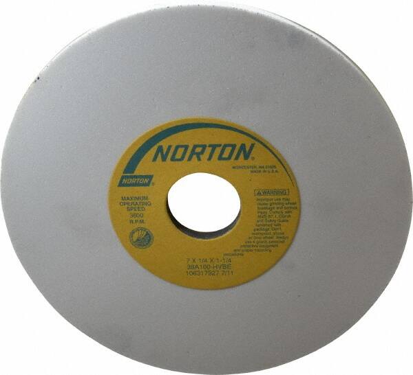 Norton - 7" Diam x 1-1/4" Hole x 1/4" Thick, H Hardness, 100 Grit Surface Grinding Wheel - Aluminum Oxide, Type 1, Fine Grade, 3,600 Max RPM, Vitrified Bond, No Recess - Exact Tooling