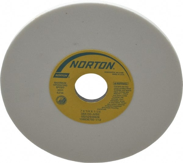 Norton - 7" Diam x 1-1/4" Hole x 1/4" Thick, J Hardness, 100 Grit Surface Grinding Wheel - Aluminum Oxide, Type 1, Fine Grade, 3,600 Max RPM, Vitrified Bond, No Recess - Exact Tooling