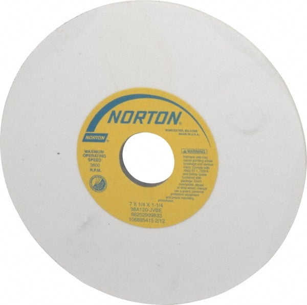 Norton - 7" Diam x 1-1/4" Hole x 1/4" Thick, J Hardness, 120 Grit Surface Grinding Wheel - Aluminum Oxide, Type 1, Fine Grade, 3,600 Max RPM, Vitrified Bond, No Recess - Exact Tooling