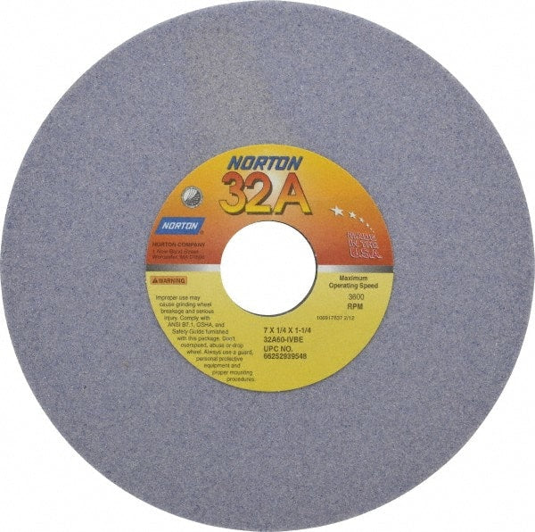 Norton - 7" Diam x 1-1/4" Hole x 1/4" Thick, I Hardness, 60 Grit Surface Grinding Wheel - Aluminum Oxide, Type 1, Medium Grade, 3,600 Max RPM, Vitrified Bond, No Recess - Exact Tooling