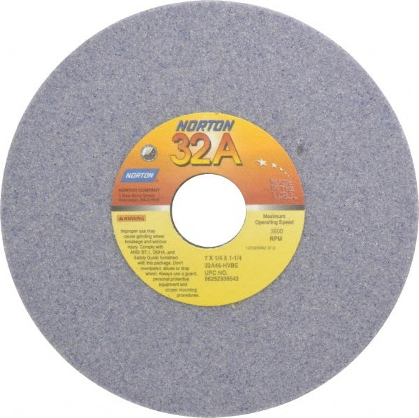 Norton - 7" Diam x 1-1/4" Hole x 1/4" Thick, H Hardness, 46 Grit Surface Grinding Wheel - Aluminum Oxide, Type 1, Coarse Grade, 3,600 Max RPM, Vitrified Bond, No Recess - Exact Tooling