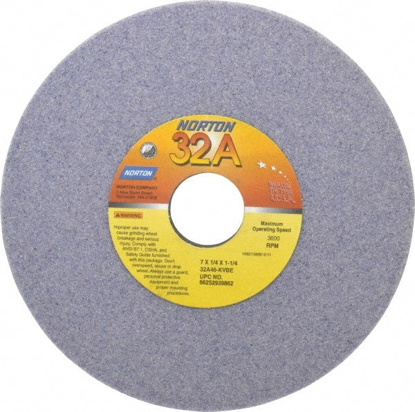 Norton - 7" Diam x 1-1/4" Hole x 1/4" Thick, K Hardness, 46 Grit Surface Grinding Wheel - Aluminum Oxide, Type 1, Coarse Grade, 3,600 Max RPM, Vitrified Bond, No Recess - Exact Tooling
