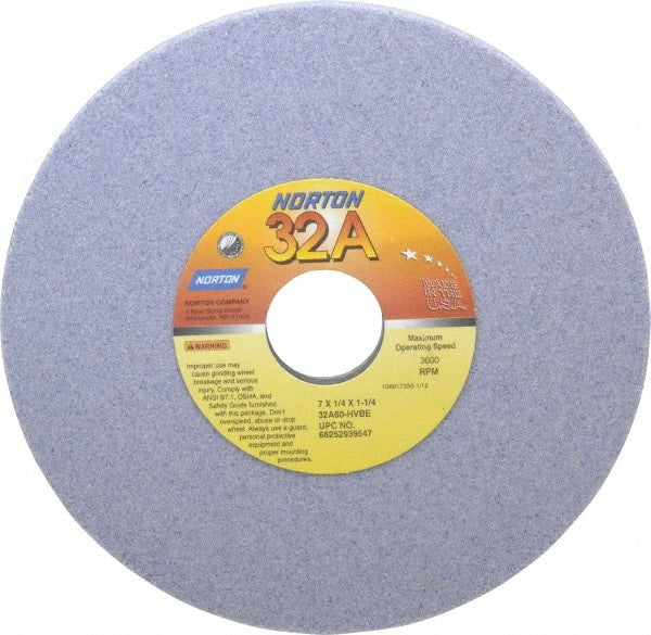 Norton - 7" Diam x 1-1/4" Hole x 1/4" Thick, H Hardness, 60 Grit Surface Grinding Wheel - Aluminum Oxide, Type 1, Medium Grade, 3,600 Max RPM, Vitrified Bond, No Recess - Exact Tooling