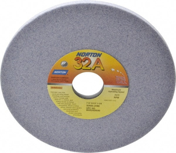 Norton - 7" Diam x 1-1/4" Hole x 1/4" Thick, J Hardness, 60 Grit Surface Grinding Wheel - Aluminum Oxide, Type 1, Medium Grade, 3,600 Max RPM, Vitrified Bond, No Recess - Exact Tooling