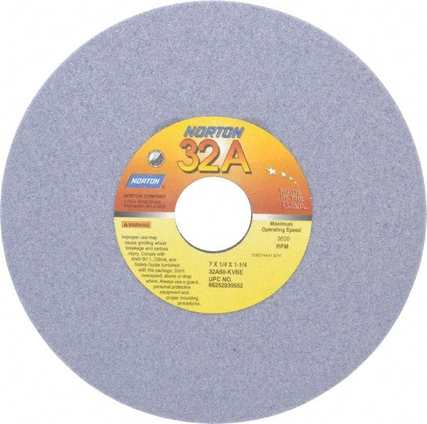 Norton - 7" Diam x 1-1/4" Hole x 1/4" Thick, K Hardness, 60 Grit Surface Grinding Wheel - Aluminum Oxide, Type 1, Medium Grade, 3,600 Max RPM, Vitrified Bond, No Recess - Exact Tooling