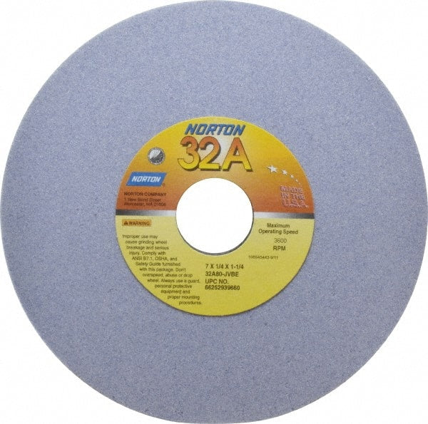 Norton - 7" Diam x 1-1/4" Hole x 1/4" Thick, J Hardness, 80 Grit Surface Grinding Wheel - Aluminum Oxide, Type 1, Medium Grade, 3,600 Max RPM, Vitrified Bond, No Recess - Exact Tooling