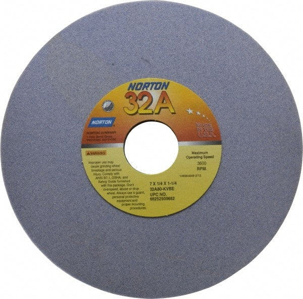 Norton - 7" Diam x 1-1/4" Hole x 1/4" Thick, K Hardness, 80 Grit Surface Grinding Wheel - Aluminum Oxide, Type 1, Medium Grade, 3,600 Max RPM, Vitrified Bond, No Recess - Exact Tooling