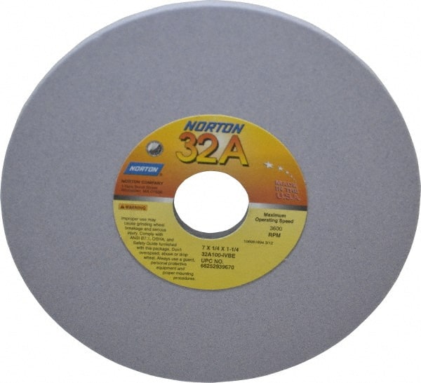 Norton - 7" Diam x 1-1/4" Hole x 1/4" Thick, I Hardness, 100 Grit Surface Grinding Wheel - Aluminum Oxide, Type 1, Fine Grade, 3,600 Max RPM, Vitrified Bond, No Recess - Exact Tooling