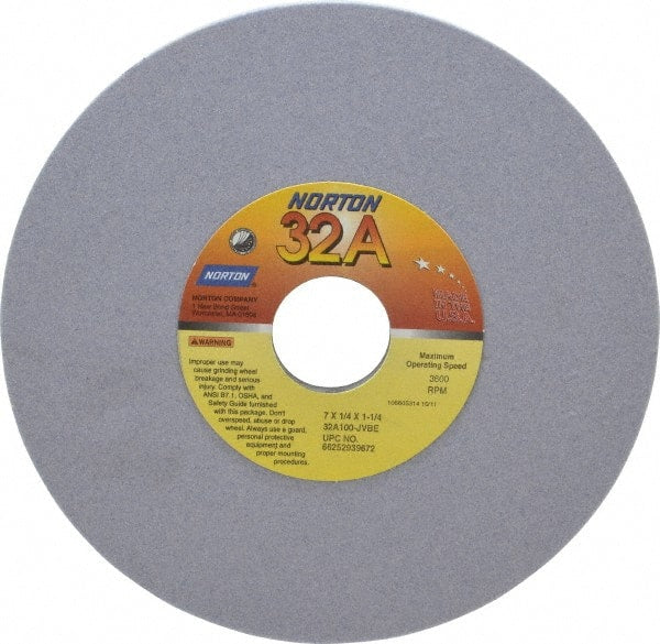 Norton - 7" Diam x 1-1/4" Hole x 1/4" Thick, J Hardness, 100 Grit Surface Grinding Wheel - Aluminum Oxide, Type 1, Fine Grade, 3,600 Max RPM, Vitrified Bond, No Recess - Exact Tooling