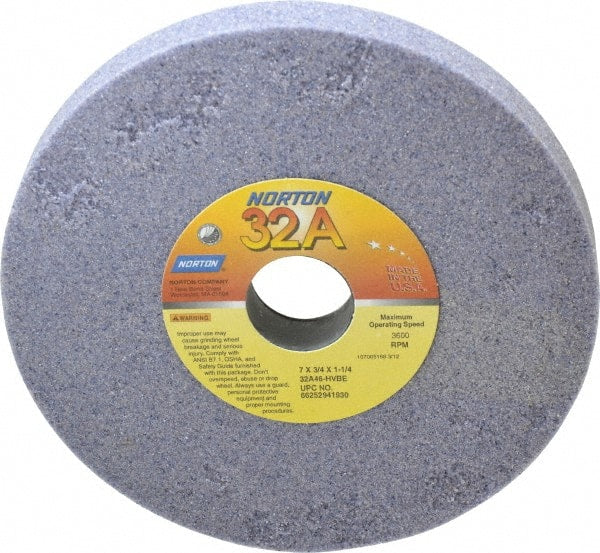 Norton - 7" Diam x 1-1/4" Hole x 3/4" Thick, H Hardness, 46 Grit Surface Grinding Wheel - Aluminum Oxide, Type 1, Coarse Grade, 3,600 Max RPM, Vitrified Bond, No Recess - Exact Tooling