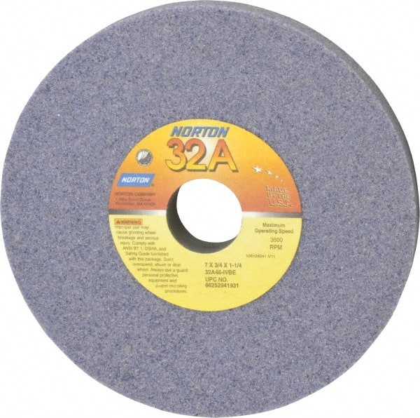 Norton - 7" Diam x 1-1/4" Hole x 3/4" Thick, I Hardness, 46 Grit Surface Grinding Wheel - Aluminum Oxide, Type 1, Coarse Grade, 3,600 Max RPM, Vitrified Bond, No Recess - Exact Tooling