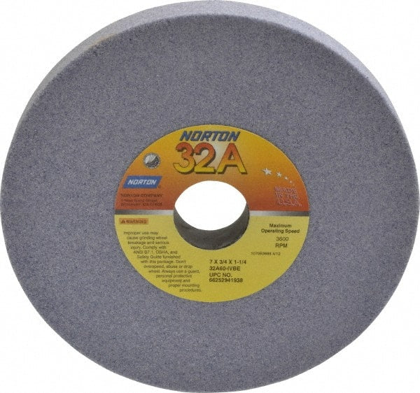 Norton - 7" Diam x 1-1/4" Hole x 3/4" Thick, I Hardness, 60 Grit Surface Grinding Wheel - Aluminum Oxide, Type 1, Medium Grade, 3,600 Max RPM, Vitrified Bond, No Recess - Exact Tooling