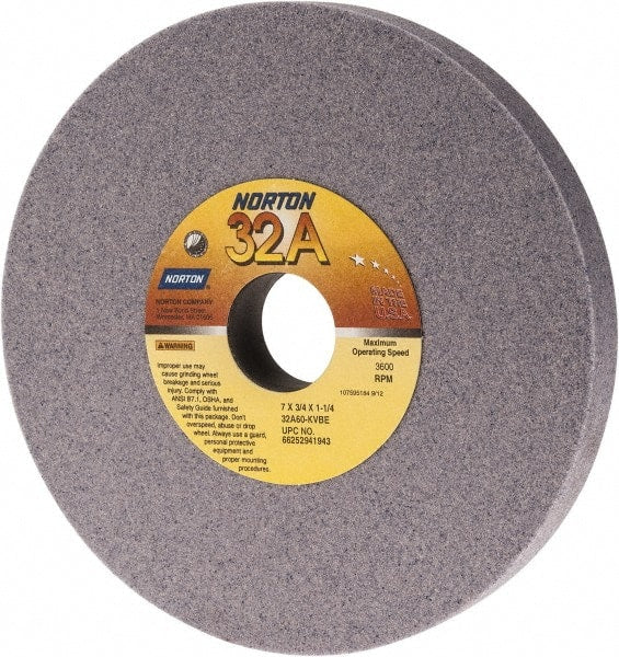 Norton - 7" Diam x 1-1/4" Hole x 3/4" Thick, K Hardness, 60 Grit Surface Grinding Wheel - Aluminum Oxide, Type 1, Medium Grade, 3,600 Max RPM, Vitrified Bond, No Recess - Exact Tooling