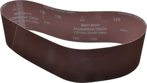 Norton - 4" Wide x 36" OAL, 120 Grit, Aluminum Oxide Abrasive Belt - Aluminum Oxide, Fine, Coated, X Weighted Cloth Backing, Series R228 - Exact Tooling