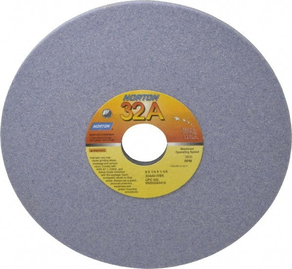 Norton - 8" Diam x 1-1/4" Hole x 1/4" Thick, I Hardness, 60 Grit Surface Grinding Wheel - Aluminum Oxide, Type 1, Medium Grade, 3,600 Max RPM, Vitrified Bond, No Recess - Exact Tooling