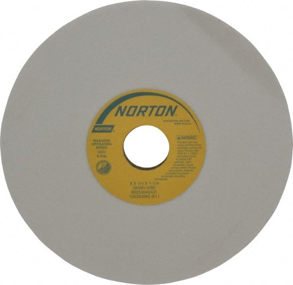 Norton - 8" Diam x 1-1/4" Hole x 1/4" Thick, I Hardness, 60 Grit Surface Grinding Wheel - Aluminum Oxide, Type 1, Medium Grade, 3,600 Max RPM, Vitrified Bond, No Recess - Exact Tooling
