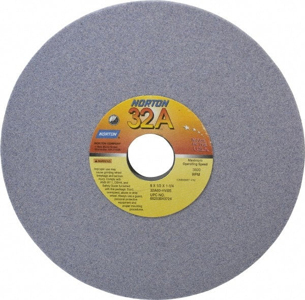 Norton - 8" Diam x 1-1/4" Hole x 1/2" Thick, H Hardness, 60 Grit Surface Grinding Wheel - Aluminum Oxide, Type 1, Medium Grade, 3,600 Max RPM, Vitrified Bond, No Recess - Exact Tooling