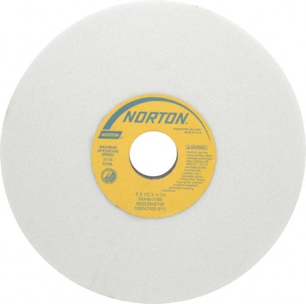 Norton - 8" Diam x 1-1/4" Hole x 1/2" Thick, I Hardness, 46 Grit Surface Grinding Wheel - Aluminum Oxide, Type 1, Coarse Grade, 3,105 Max RPM, Vitrified Bond, No Recess - Exact Tooling
